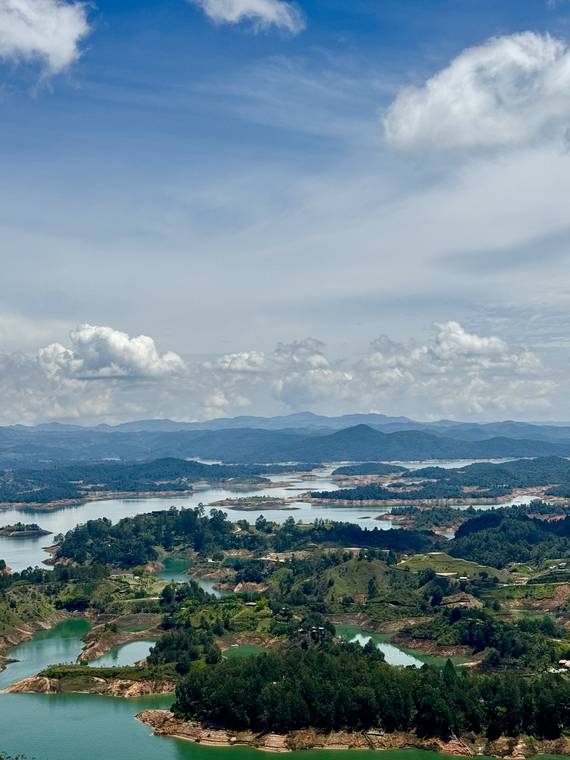Elevated view of the green islands and reservoir at Guatape, Colombia